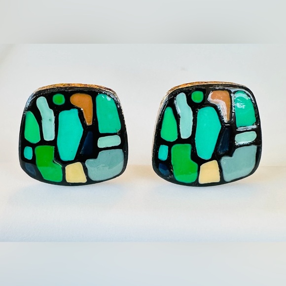 VTG Eisenberg Artist Series EARRINGS Square Mosaic Multicolored Enamel Clip On - Picture 3 of 4